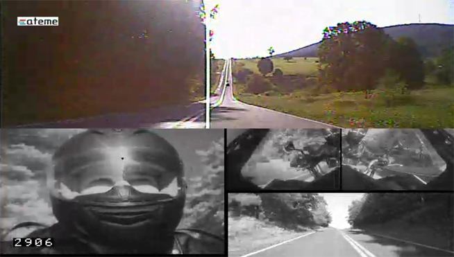 A five-camera view of a study participant on an instrumented vehicle